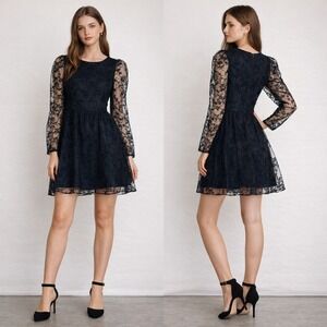 NWT ZARA Sz M Black Floral‎ Lace Puff Slv Mini Dress Sheer Whimsigoth Baby Doll